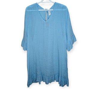 Ekouaer Lightweight Blue Textured V  Neck Cover Up Ruffled Sleeve Women Large